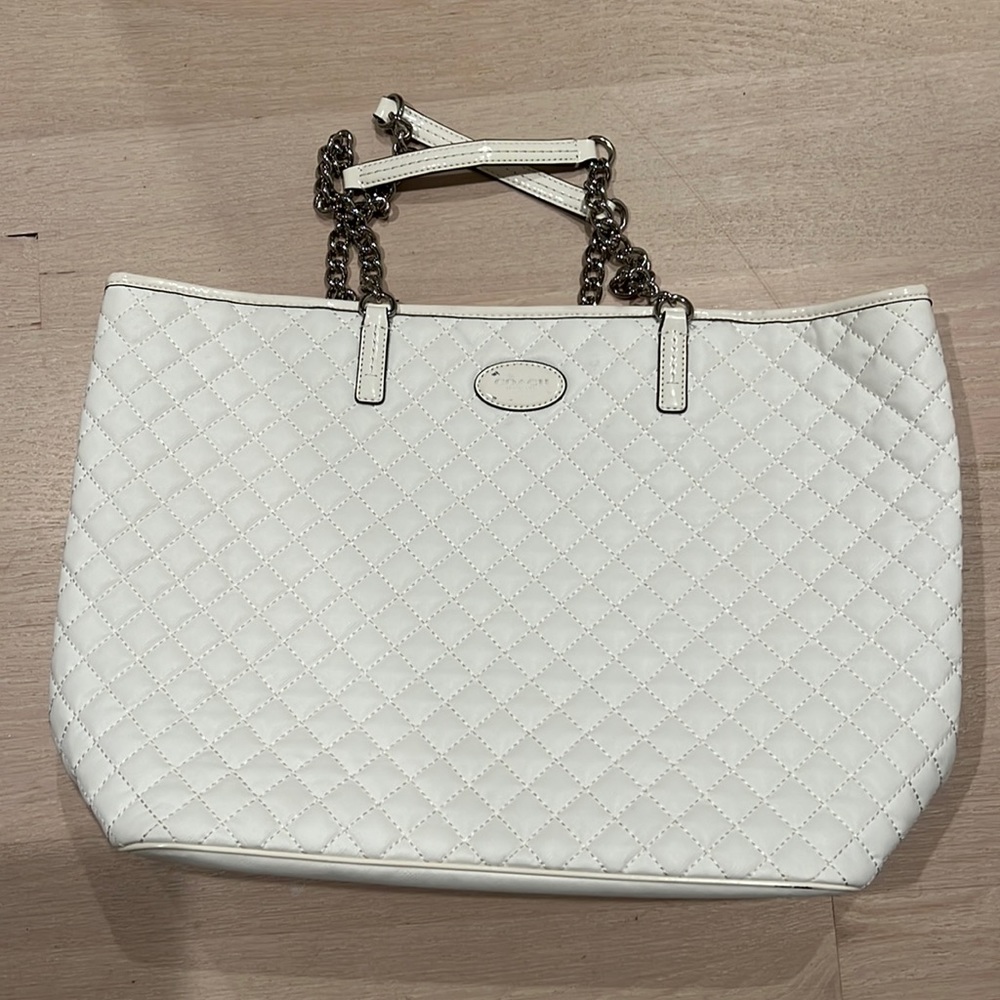 Coach White Quilted Leather Tote with Chain-Trim Handles